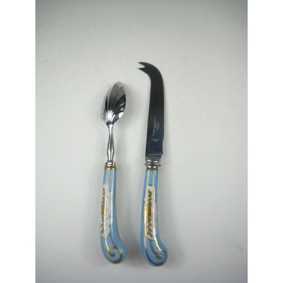 Decorative Cheese Knife Spoon Set Blue Gold Porcelain Handles Serving Utensils - Picture 3 of 9